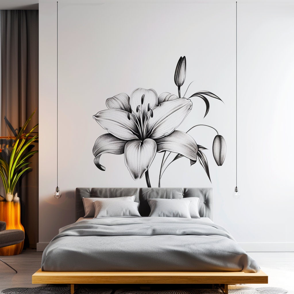 Classic Black and White Lily Bloom Wall Sticker - Elegant Floral Bedroom Wall Decal Decor - Peel and Stick Art Above the Bed Sticker