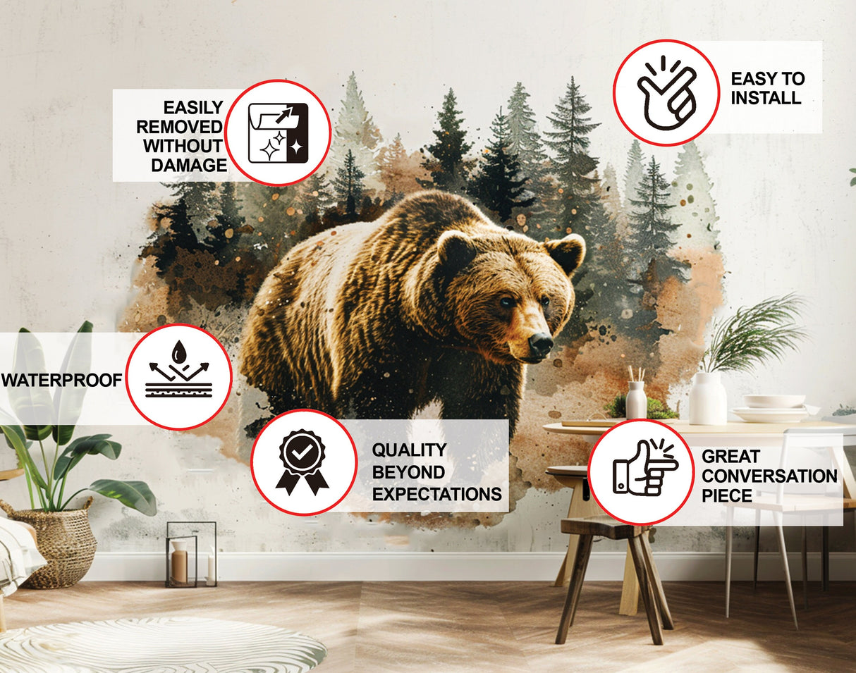 Bear in Forest Wall Sticker - Textured Art Vinyl Nature Bruin Decal Mural - Dynamic Modern Brown Bear Wildlife Decal for Living Room Decor