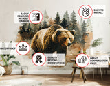 Bear in Forest Wall Sticker - Textured Art Vinyl Nature Bruin Decal Mural - Dynamic Modern Brown Bear Wildlife Decal for Living Room Decor