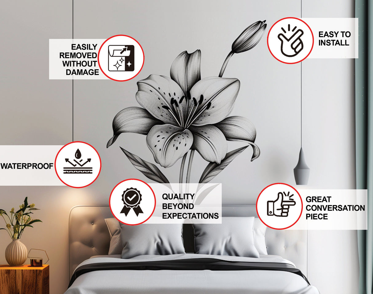 Elegant Monochrome Lily Flower Wall Decal - Stylish Black and White Floral Art Sticker for Bedroom Decor - Decords