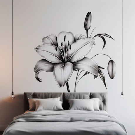 Classic Black and White Lily Bloom Wall Sticker - Elegant Floral Bedroom Wall Decal Decor - Peel and Stick Art Above the Bed Sticker