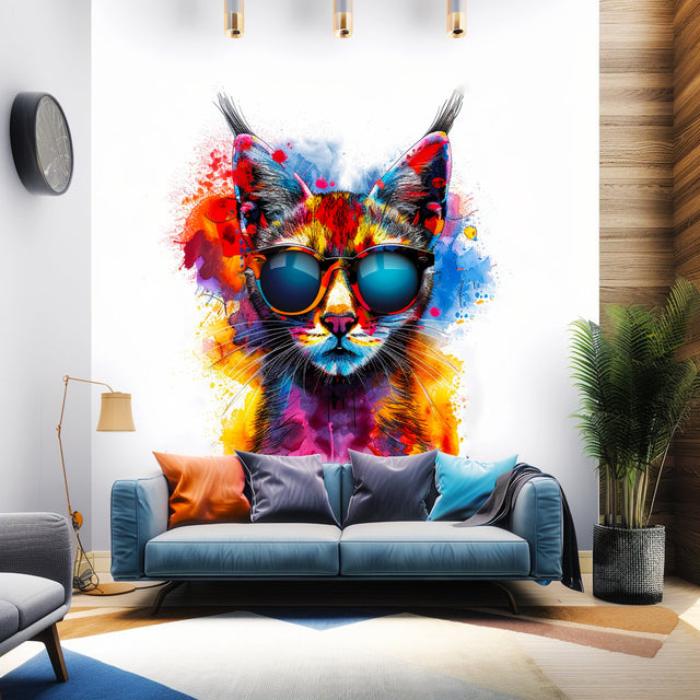 Vibrant Maine Coon Cat Wall Sticker with Sunglasses | Colorful Modern Kitten Art Decal | Artistic Kitty Decor | Unique Cat Lover Gift Idea