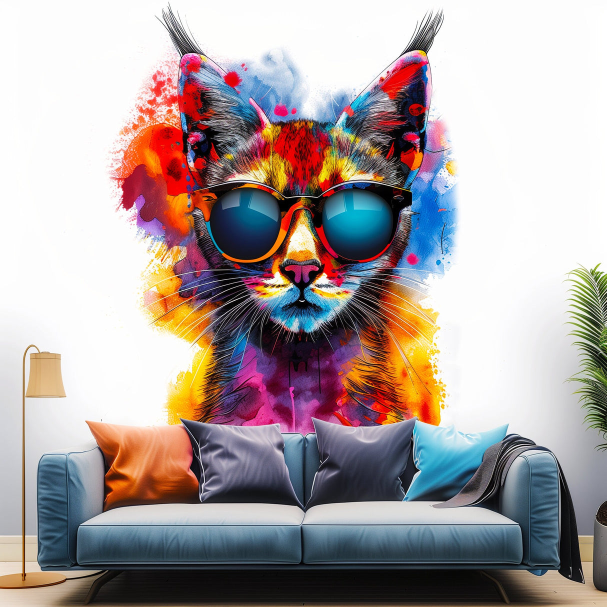 Vibrant Maine Coon Cat Wall Sticker with Sunglasses | Colorful Modern Kitten Art Decal | Artistic Kitty Decor | Unique Cat Lover Gift Idea - Decords