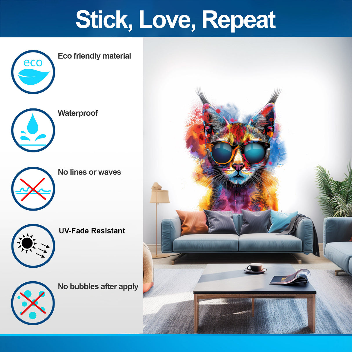 Vibrant Maine Coon Cat Wall Sticker with Sunglasses | Colorful Modern Kitten Art Decal | Artistic Kitty Decor | Unique Cat Lover Gift Idea