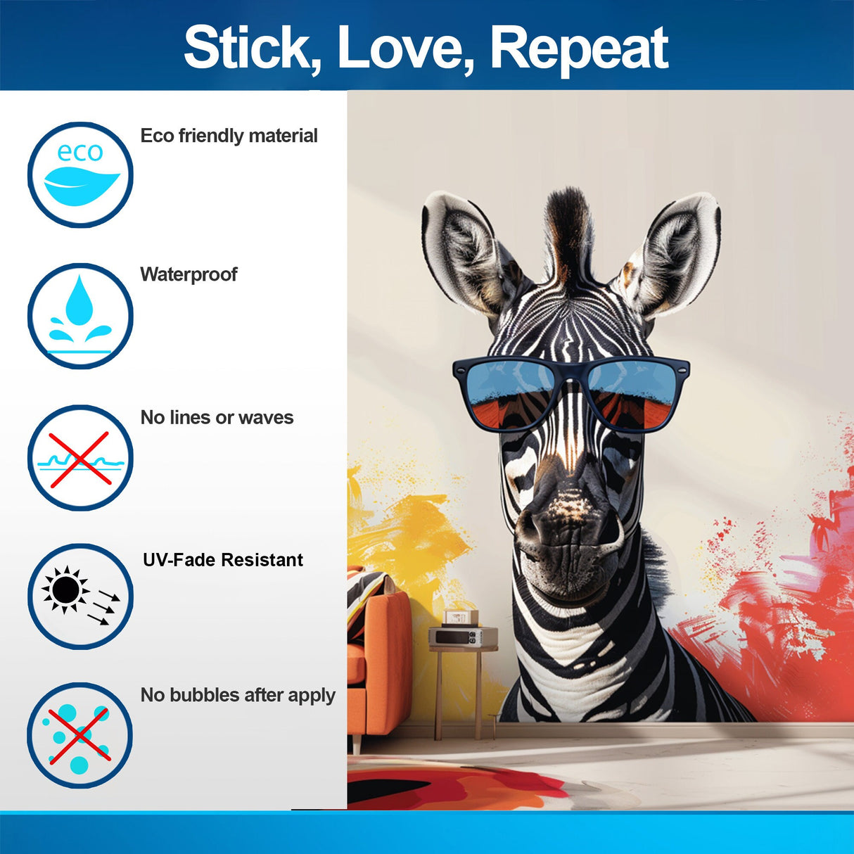 Funky Zebra with Sunglasses Wall Decal - Vibrant Modern Animal Art Sticker for Home Decor - Decords