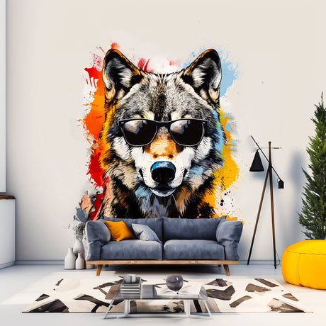 Colorful Wolf Wall Sticker Decals with Sunglasses - Modern Wolf Art Decal - Vibrant Wolf Decor for Living Room - Cool Wolf Lover Gift
