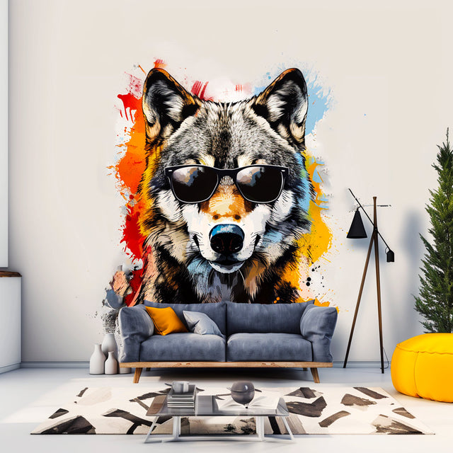 Colorful Wolf Wall Sticker Decals with Sunglasses - Modern Wolf Art Decal - Decords