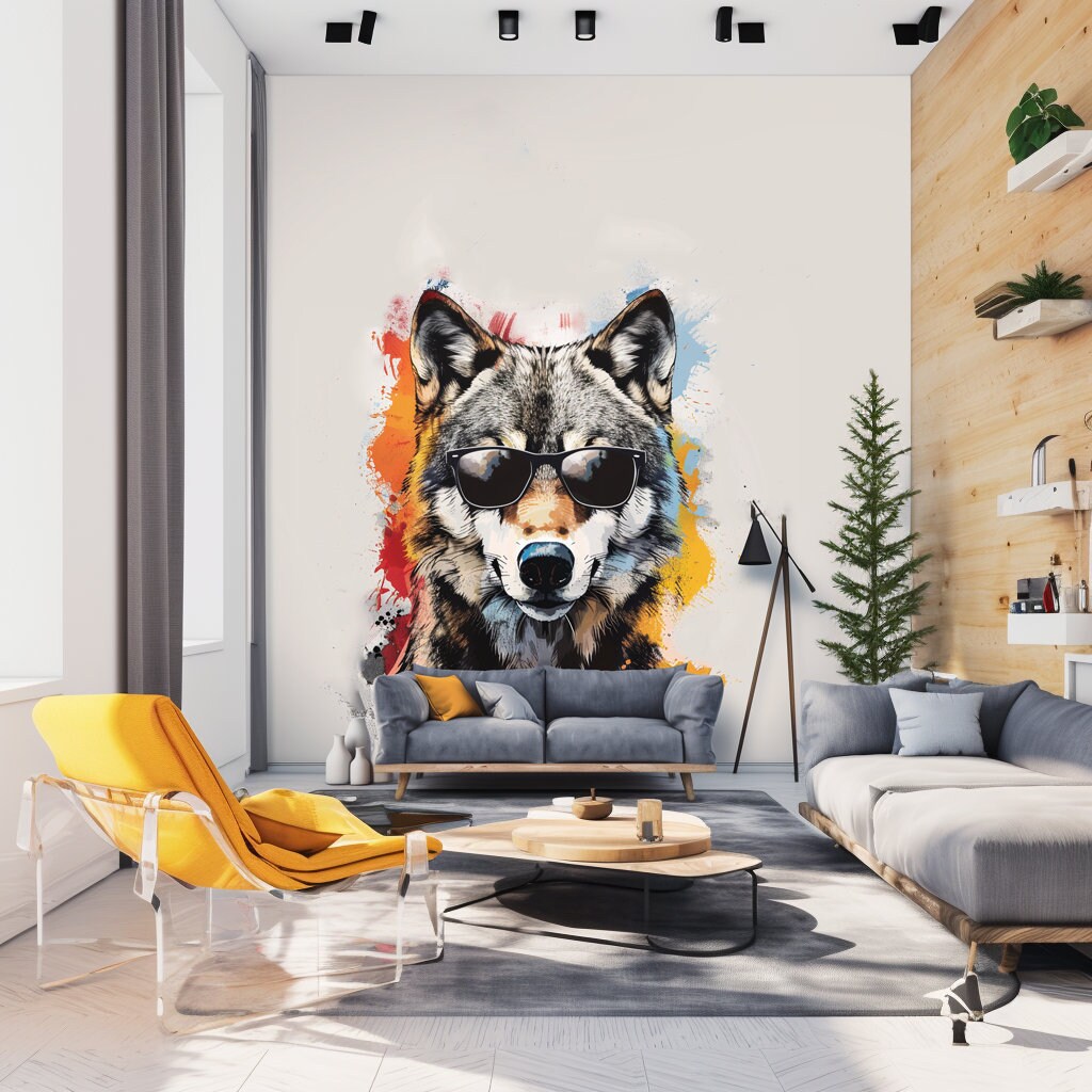 Colorful Wolf Wall Sticker Decals with Sunglasses - Modern Wolf Art Decal - Vibrant Wolf Decor for Living Room - Cool Wolf Lover Gift