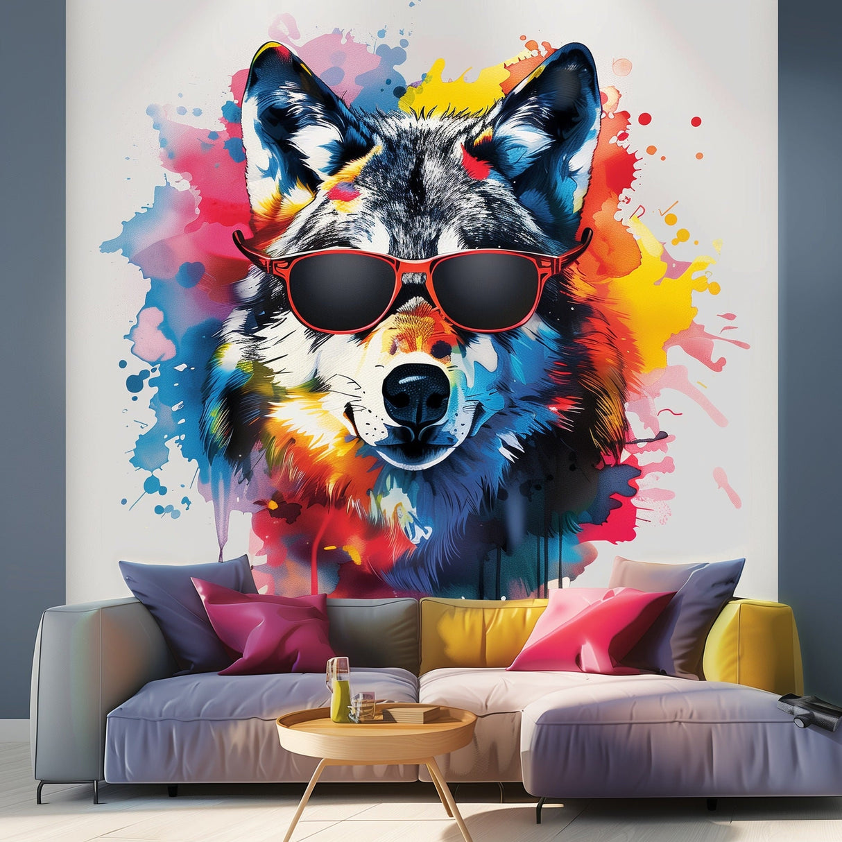 Watercolor Wolf Wall Sticker with Sunglasses - Modern Wolf Art Decal - Vibrant Predator Animal Wall Mural - Room Decor - Living Room Sticker