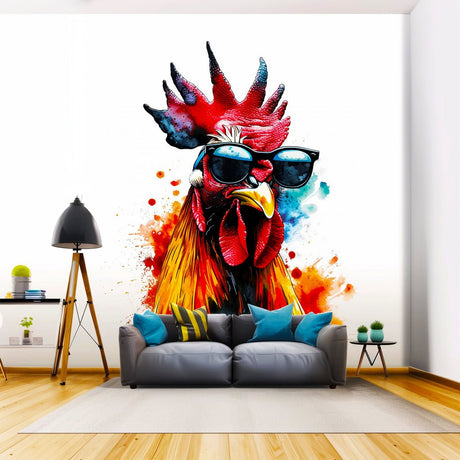 Colorful Poultry Wall Sticker Decals with Sunglasses - Modern Chicken Art Decal - Vibrant Farm Animal Decor for Living Room - Cool Gift