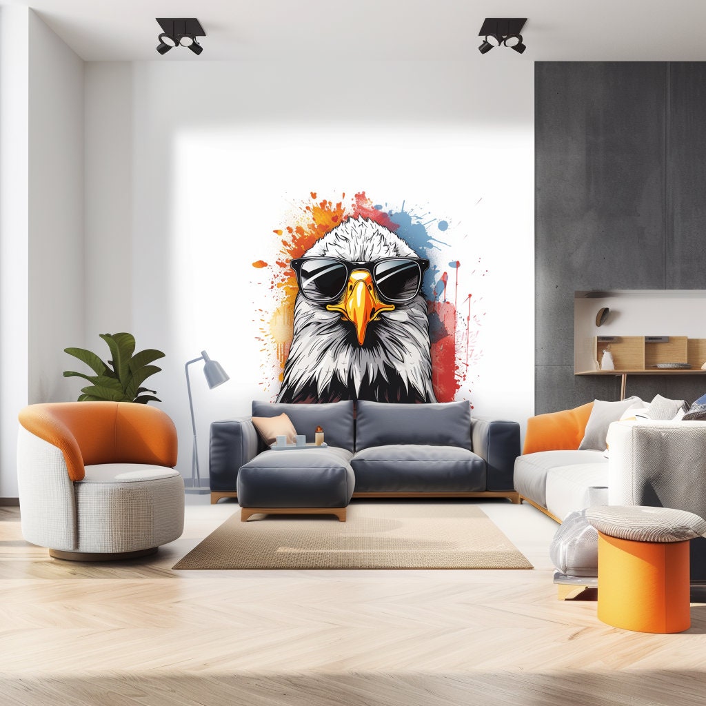 Serious Bald Eagle with Sunglasses Wall Sticker Decals - Cool Bird in Glasses Room Decor - Easy-to-Apply Eagle Wall Art Unique Room Decor