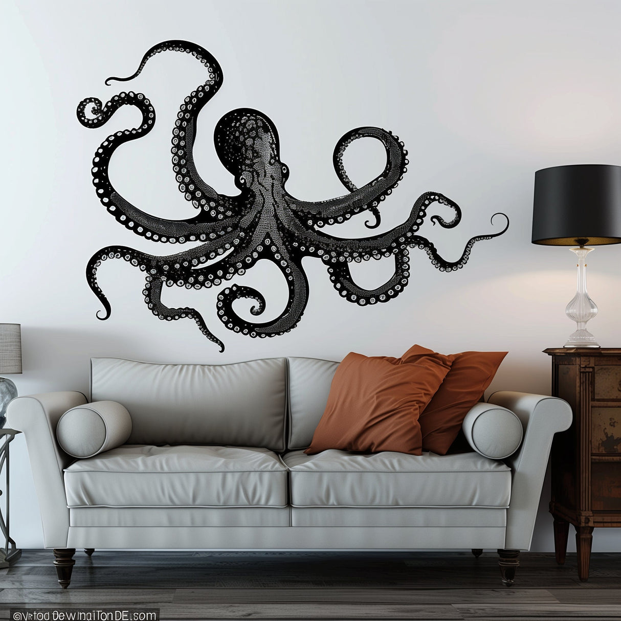 Giant Octopus Wall Sticker Decals | Detailed Nautical Wall Art | Black Octopus Home Decor | Marine Themed Living Room Decor