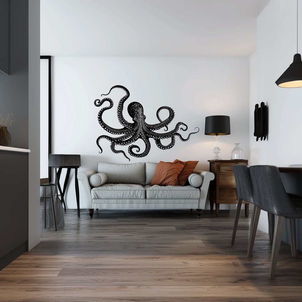 Giant Octopus Wall Sticker Decals | Detailed Nautical Wall Art | Black Octopus Home Decor | Marine Themed Living Room Decor