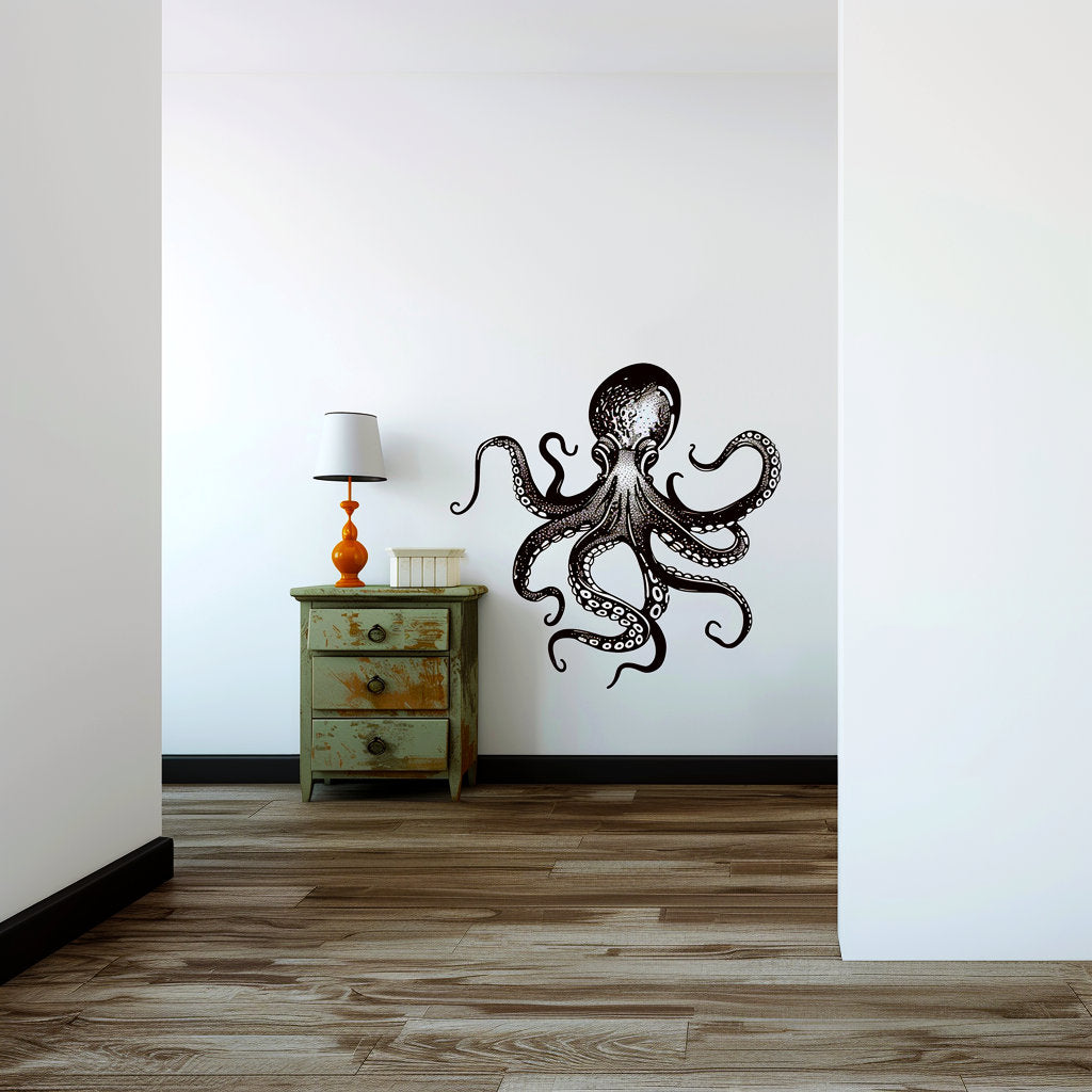 Elegant Octopus Wall Sticker Decals | Detailed Black Nautical Wall Art | Ocean-Themed Living Room Decor | Marine Life Wall Art | Sea Lover - Decords