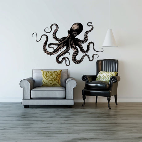 Elegant Octopus Wall Sticker Decals | Detailed Nautical Wall Art | Black Octopus Home Decor | Ocean-Themed Living Room Decals | Marine Life - Decords