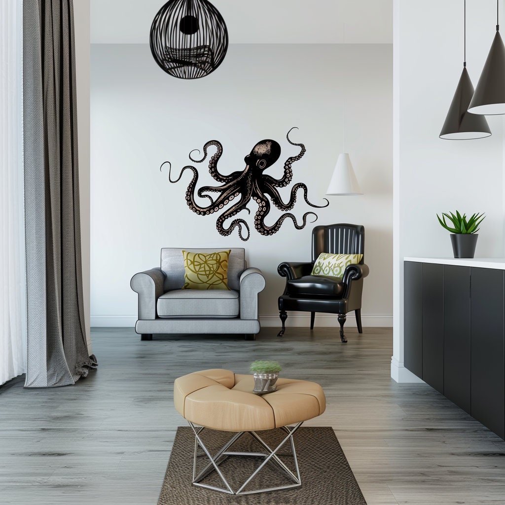 Elegant Octopus Wall Sticker Decals | Detailed Nautical Wall Art | Black Octopus Home Decor | Ocean-Themed Living Room Decals | Marine Life - Decords