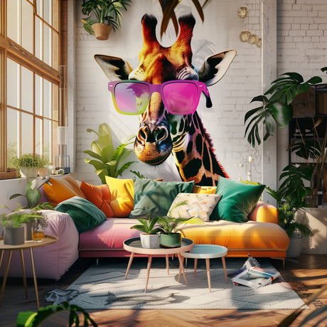 Colorful Giraffe Wall Sticker Decals with Pink Sunglasses | Fun Animal Art Decal | Vibrant Living Room Decor | Whimsical Giraffe Wall Art