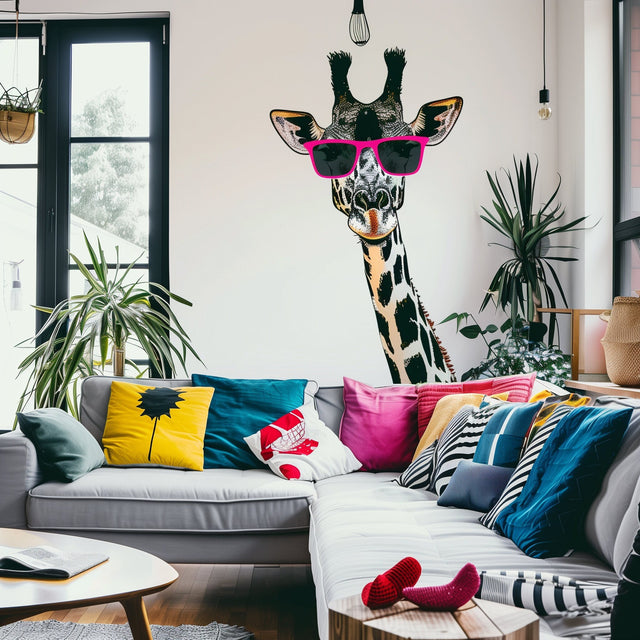 Playful Giraffe Wall Sticker with Pink Sunglasses | Fun Animal Art Decal | Modern Living Room Decor | Whimsical Giraffe Wall Art