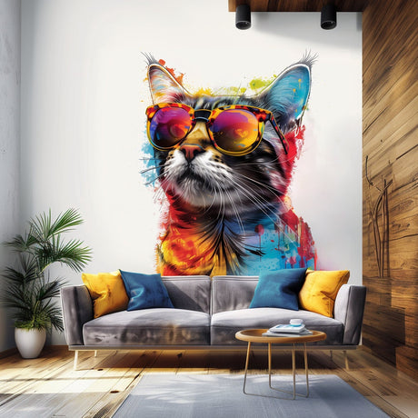 Colorful Maine Coon Cat Wall Sticker with Sunglasses - Modern Kittent Art Decal - Vibrant Kitty Decor for Living Room - Cool Cat Lover Gift