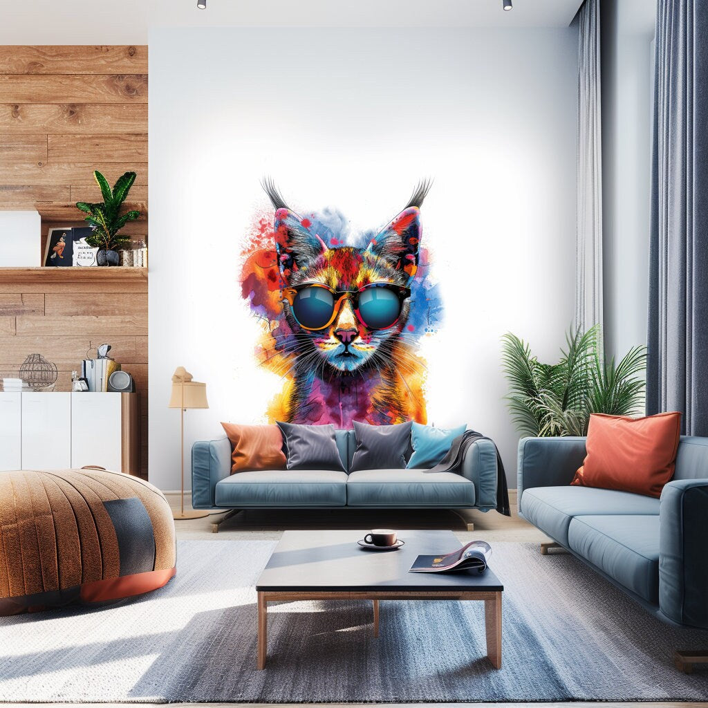 Vibrant Maine Coon Cat Wall Sticker with Sunglasses | Colorful Modern Kitten Art Decal | Artistic Kitty Decor | Unique Cat Lover Gift Idea - Decords