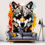 Colorful Wolf Wall Sticker Decals with Sunglasses - Modern Wolf Art Decal - Vibrant Wolf Decor for Living Room - Cool Wolf Lover Gift