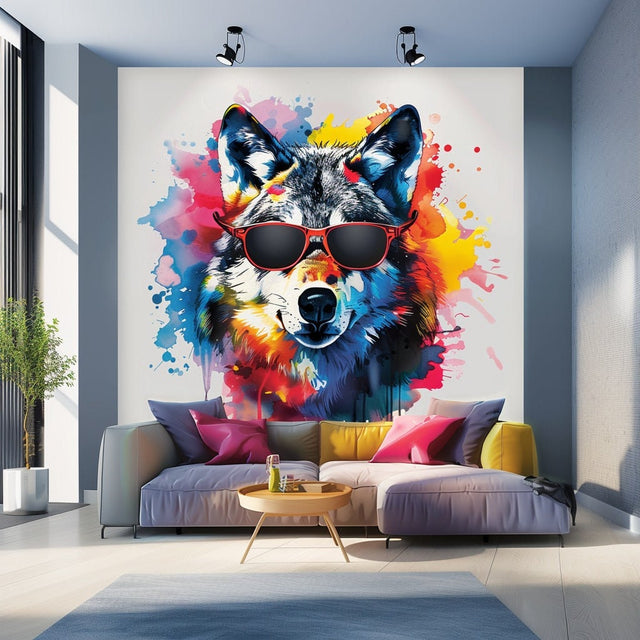 Watercolor Wolf Wall Sticker with Sunglasses - Modern Wolf Art Decal - Decords