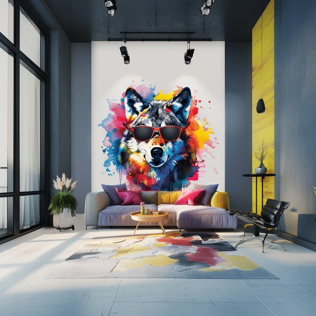 Watercolor Wolf Wall Sticker with Sunglasses - Modern Wolf Art Decal - Vibrant Predator Animal Wall Mural - Room Decor - Living Room Sticker