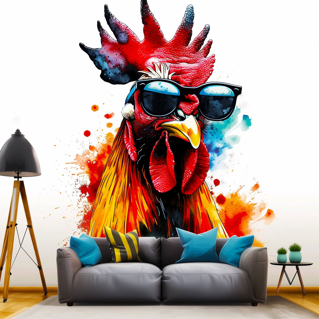 Colorful Poultry Wall Sticker Decals with Sunglasses - Modern Chicken Art Decal - Vibrant Farm Animal Decor for Living Room - Cool Gift