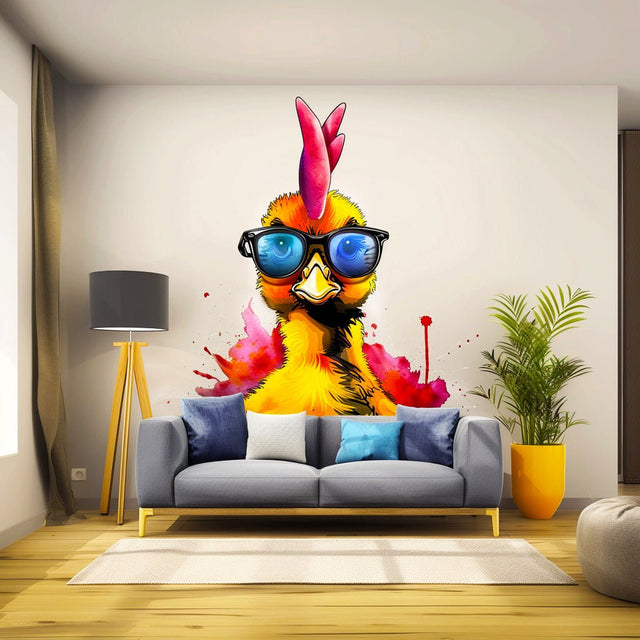 Funny Baby Chicken with Glasses Wall Decal - Vibrant Watercolor Chick Sticker - Easy-to-Apply Repositionable Decals - Kid Room Decor