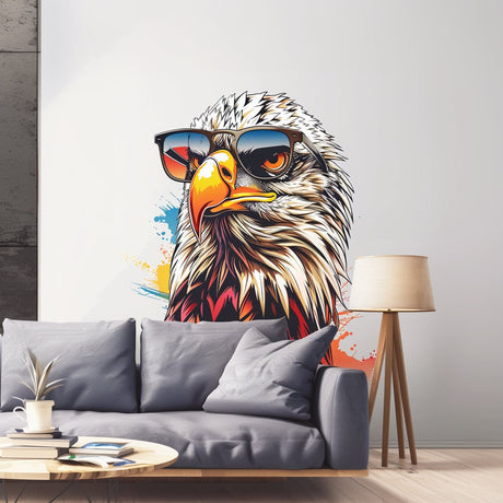 Bald Eagle with Sunglasses Wall Decal - Vibrant Watercolor Bird Sticker - Easy-to-Apply Eagle Decals for Room Decor - Unique Wall Art