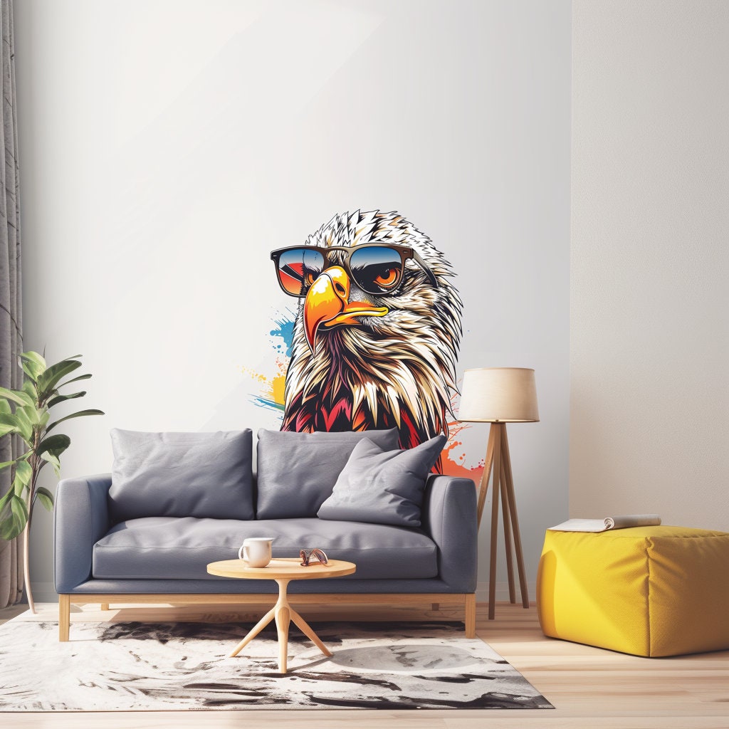 Bald Eagle with Sunglasses Wall Decal - Vibrant Watercolor Bird Sticker - Easy-to-Apply Eagle Decals for Room Decor - Unique Wall Art