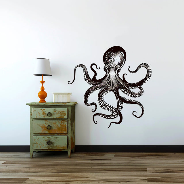 Elegant Octopus Wall Sticker Decals | Detailed Black Nautical Wall Art | Ocean-Themed Living Room Decor | Marine Life Wall Art | Sea Lover - Decords