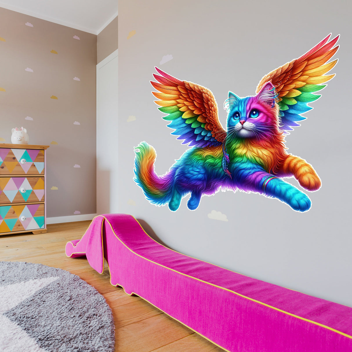 Rainbow Flying Cat with Wings Wall Sticker Decals - Vibrant Room Decor for Kids, Nursery, and Playrooms - Cute and Colorful Wall Art