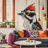 Downy Woodpecker Bird in Glasses Wall Sticker Decals - Colorful Art Style Room Decor - Perfect for Kids' Rooms, Nurseries, and Living Spaces