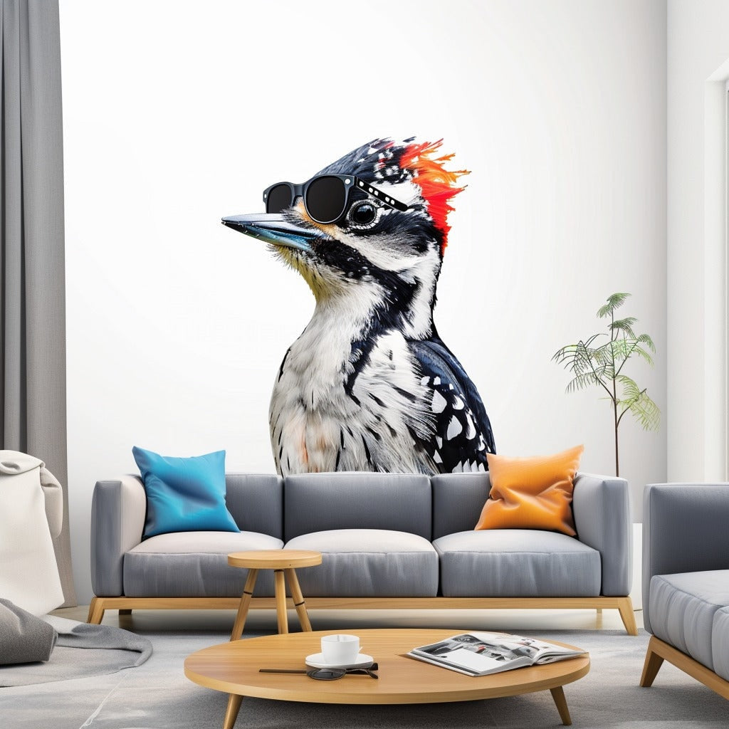 Downy Woodpecker Bird in Glasses Wall Sticker Decals - Unique Room Decor for Nature Lovers - Perfect for Kids Rooms, Nurseries Living Spaces