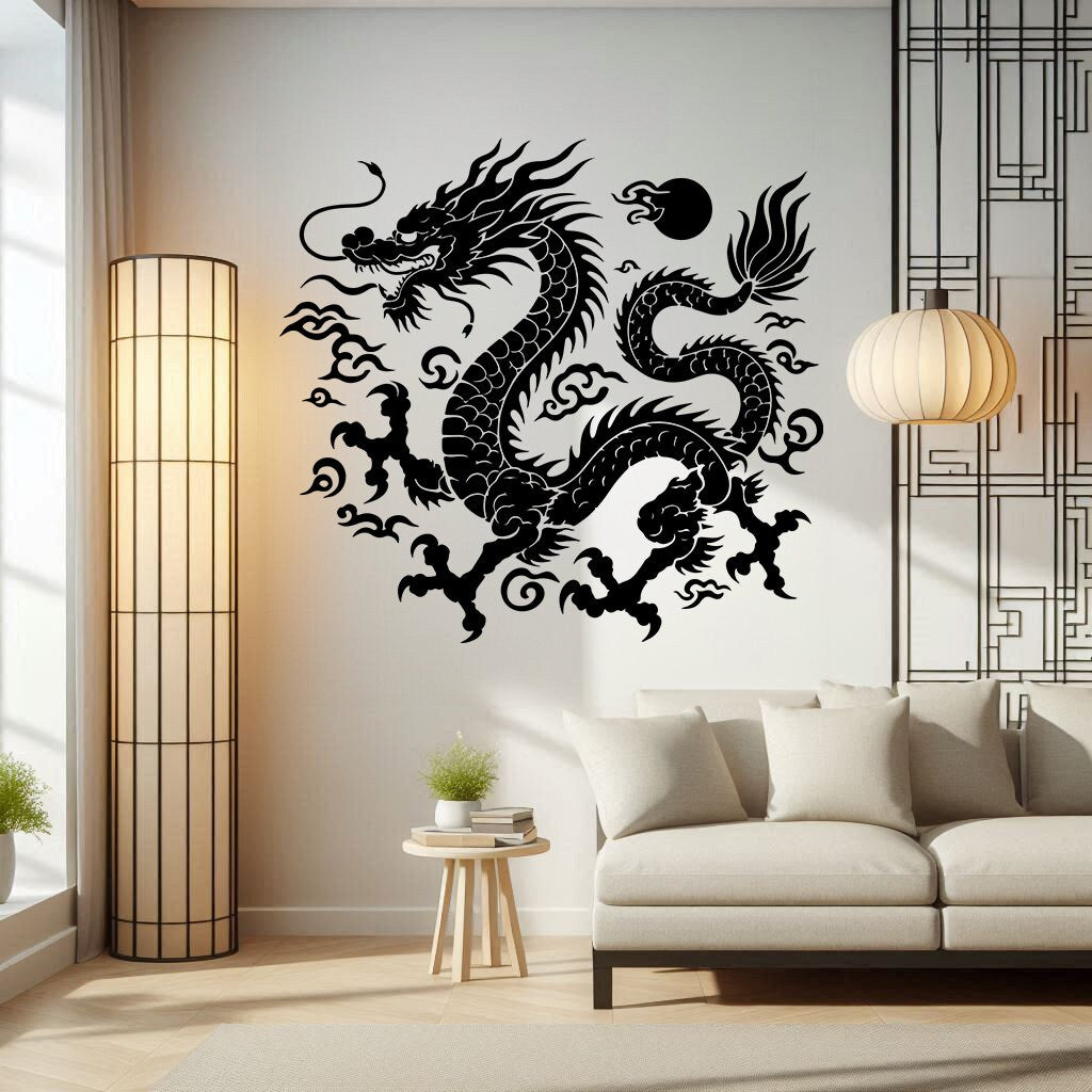 Intricate Chinese Dragon Wall Decal Sticker - Asian Mythical Creature Decor - Feng Shui Wall Art for Living Room, Bedroom Decor Decals