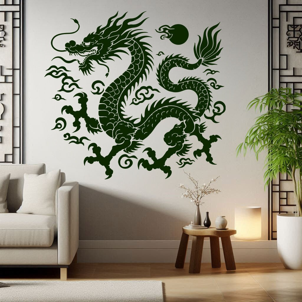 Intricate Chinese Dragon Wall Decal Sticker - Asian Mythical Creature Decor - Feng Shui Wall Art for Living Room, Bedroom Decor Decals