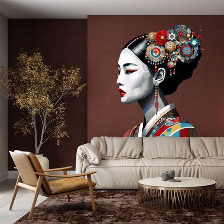 Colorful Asian Woman Portrait Wall Decal - Intricate Traditional Attire Sticker - Cultural Art Decor for Living Room, Bedroom, Office
