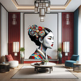 Colorful Asian Woman Portrait Wall Decal - Intricate Traditional Attire Sticker - Decords