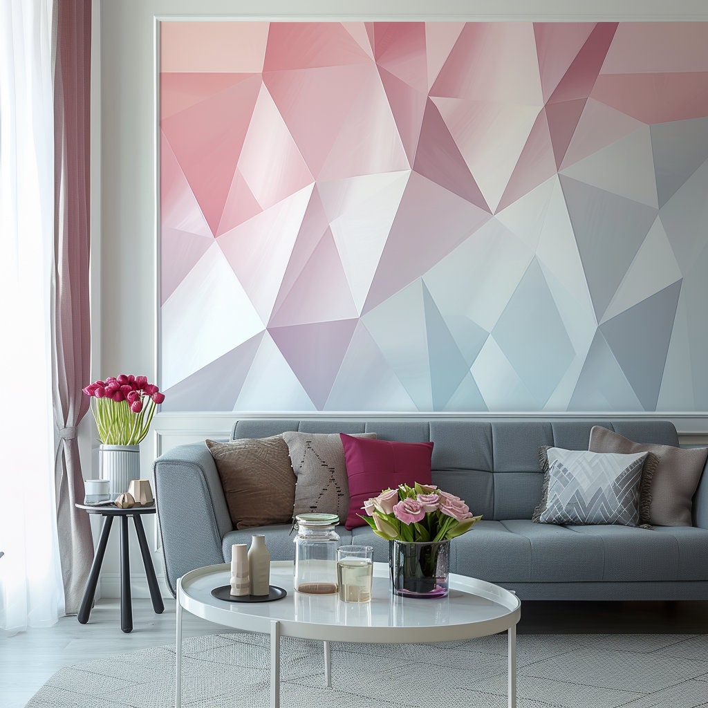 Pastel Geometric Wall Sticker | Modern Pink and Blue Geometric Wall Art | Living Room Accent Wallpaper Decal | Stylish Bedroom Decoration