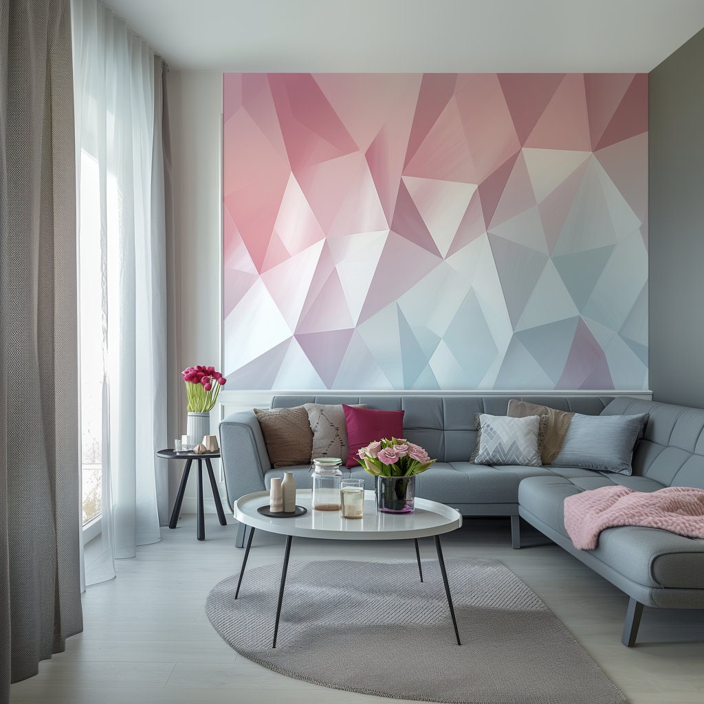 Pastel Geometric Wall Sticker | Modern Pink and Blue Geometric Wall Art | Living Room Accent Wallpaper Decal | Stylish Bedroom Decoration