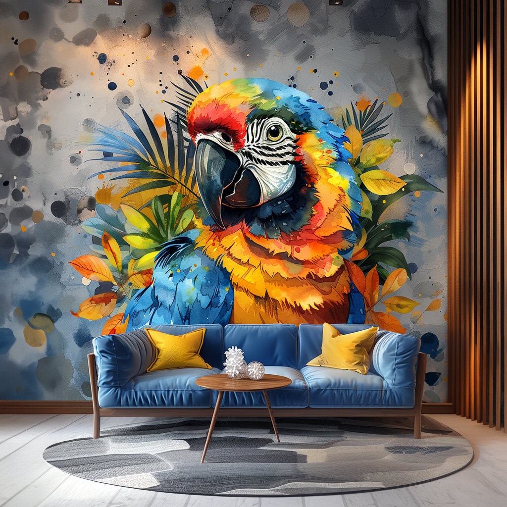 Vibrant Watercolor Macaw Parrot Wall Decal Sticker - Colorful Tropical Bird Art - Jungle Decor for Living Room - Parrot Wall Decals