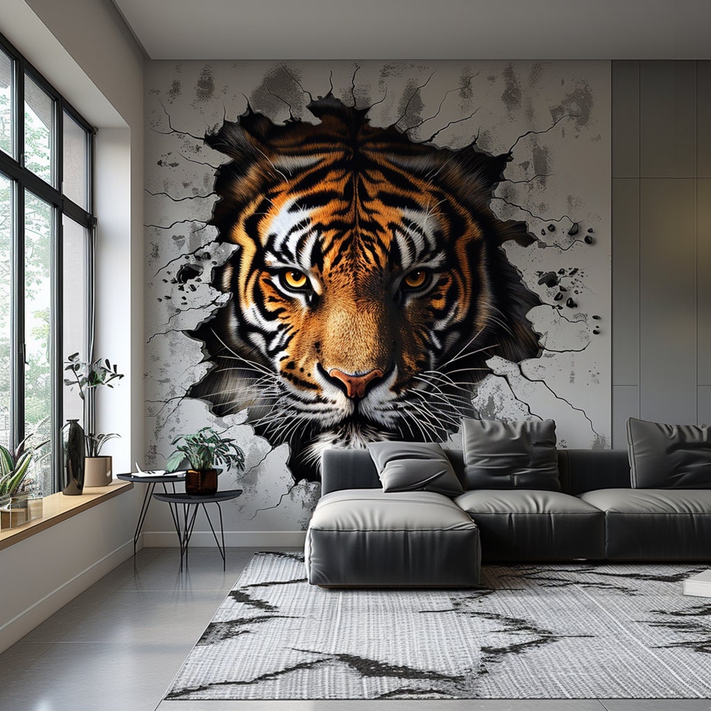 Realistic 3D Tiger Face Wall Decal - Fierce and Majestic Tiger Sticker - Perfect Room Decor - High-Quality Tiger Wall Decals for Home