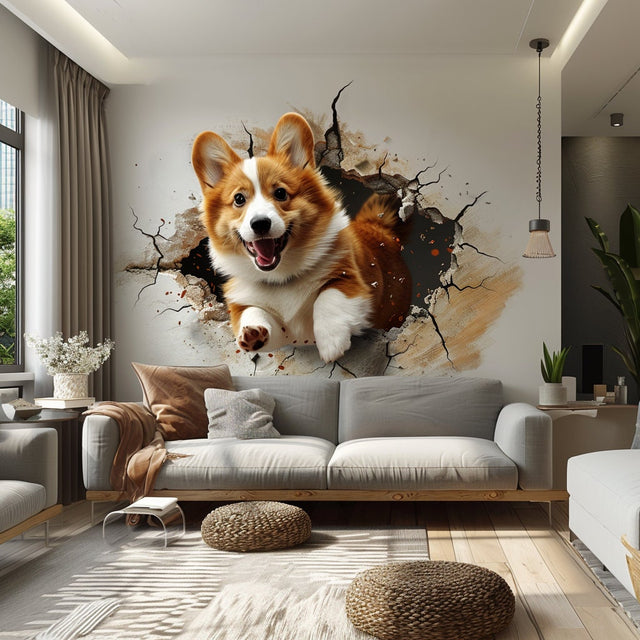 3D Corgi Dog Wall Decal - Playful Pet Sticker - Realistic Corgi Jumping Through Wall Art - Cute Dog Mural Decals