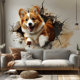 3D Corgi Dog Wall Decal - Playful Pet Sticker - Realistic Corgi Jumping Through Wall Art - Cute Dog Mural Decals