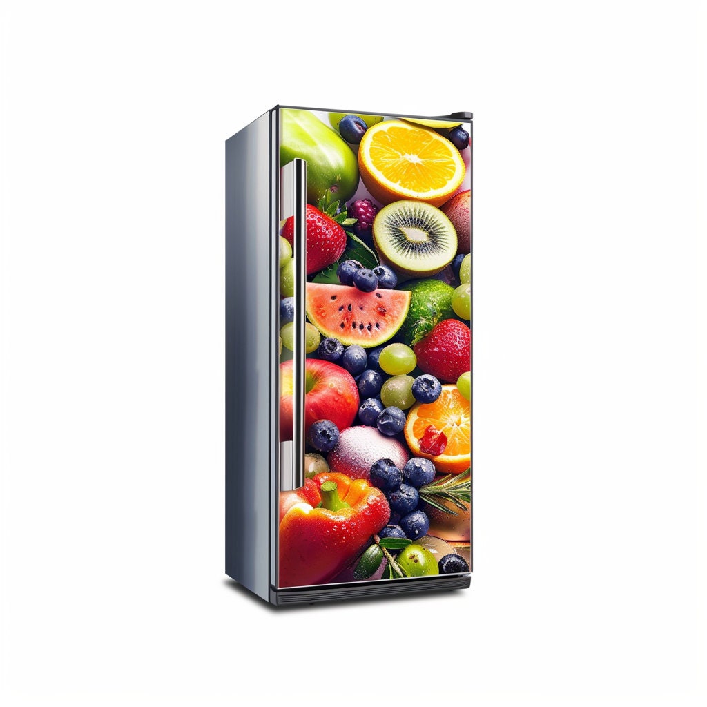 Colorful Fruit Refrigerator Sticker | Vibrant Kitchen Appliance Decal | Fresh Fruit Design Fridge Wrap | Lively Kitchen Decor Fridge Art