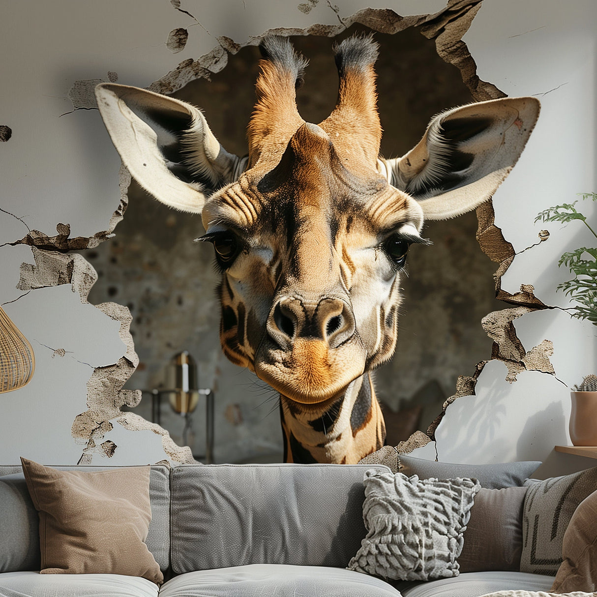 Realistic 3D Giraffe Head Wall Decal Sticker - Fun Safari Animal Breaking Through Wall Art - Decords