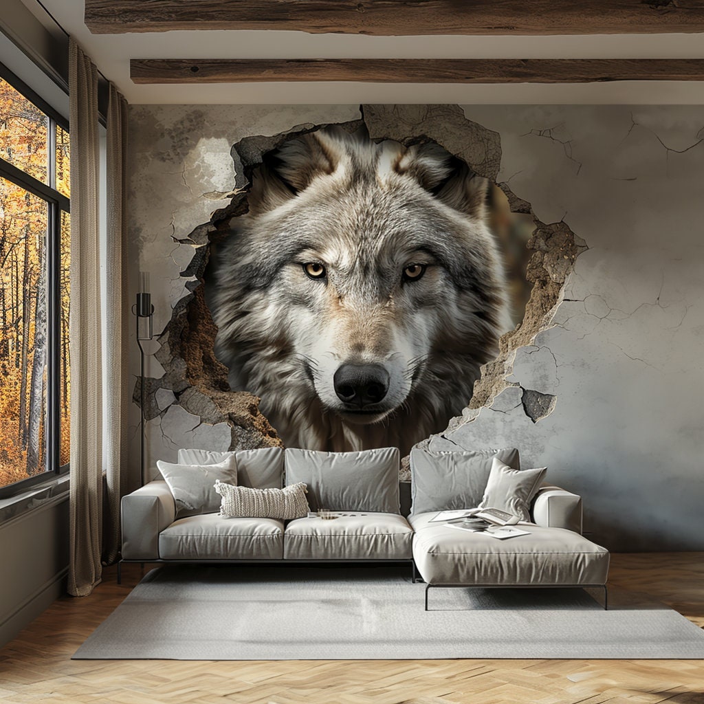 Realistic 3D Wolf Wall Decal Sticker - Majestic Wolf Breaking Through Wall - Bold Animal Decor for Living Room, Office