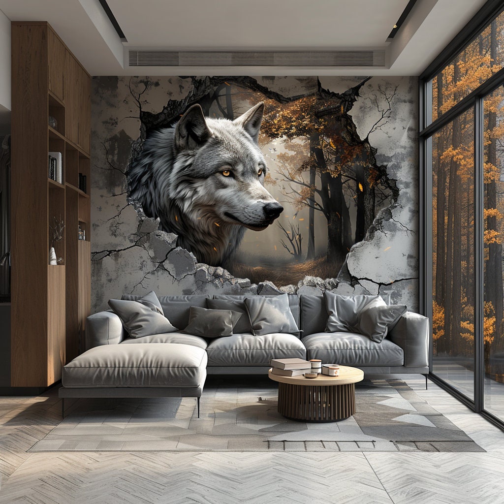 Realistic 3D Wolf Forest Wall Decal Sticker - Majestic Wolf Breaking Through Wall - Enchanted Forest Animal Decor for Living Room, Office