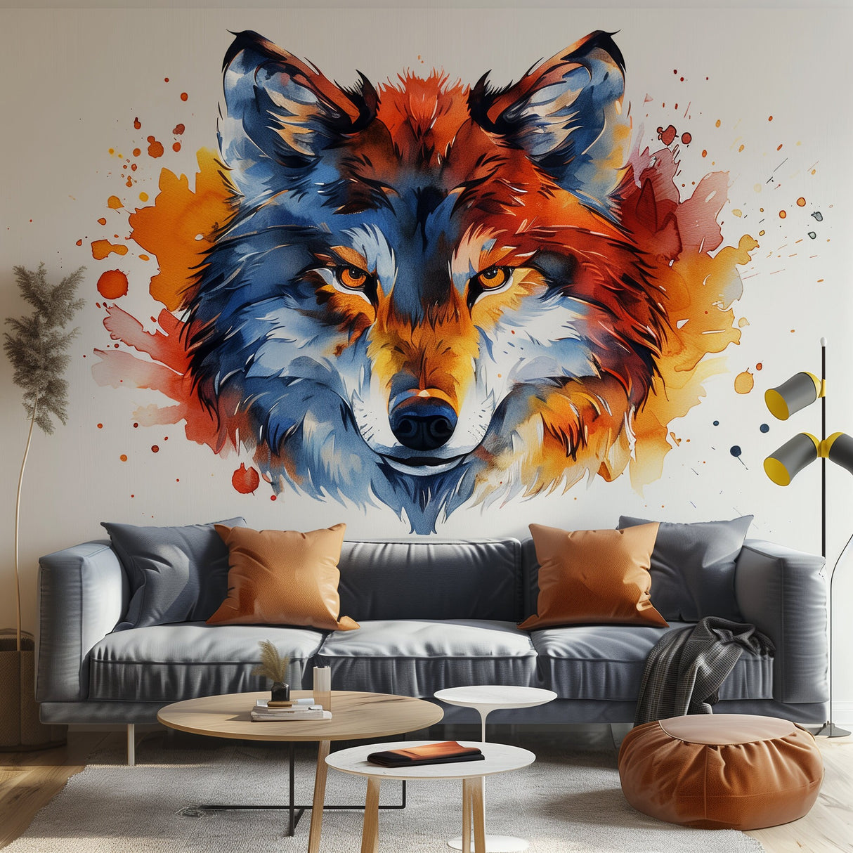 Vibrant Watercolor Wolf Face Wall Decal Sticker - Artistic Animal Decor for Living Room, Creative Space - Wolf Wall Art Room Decor